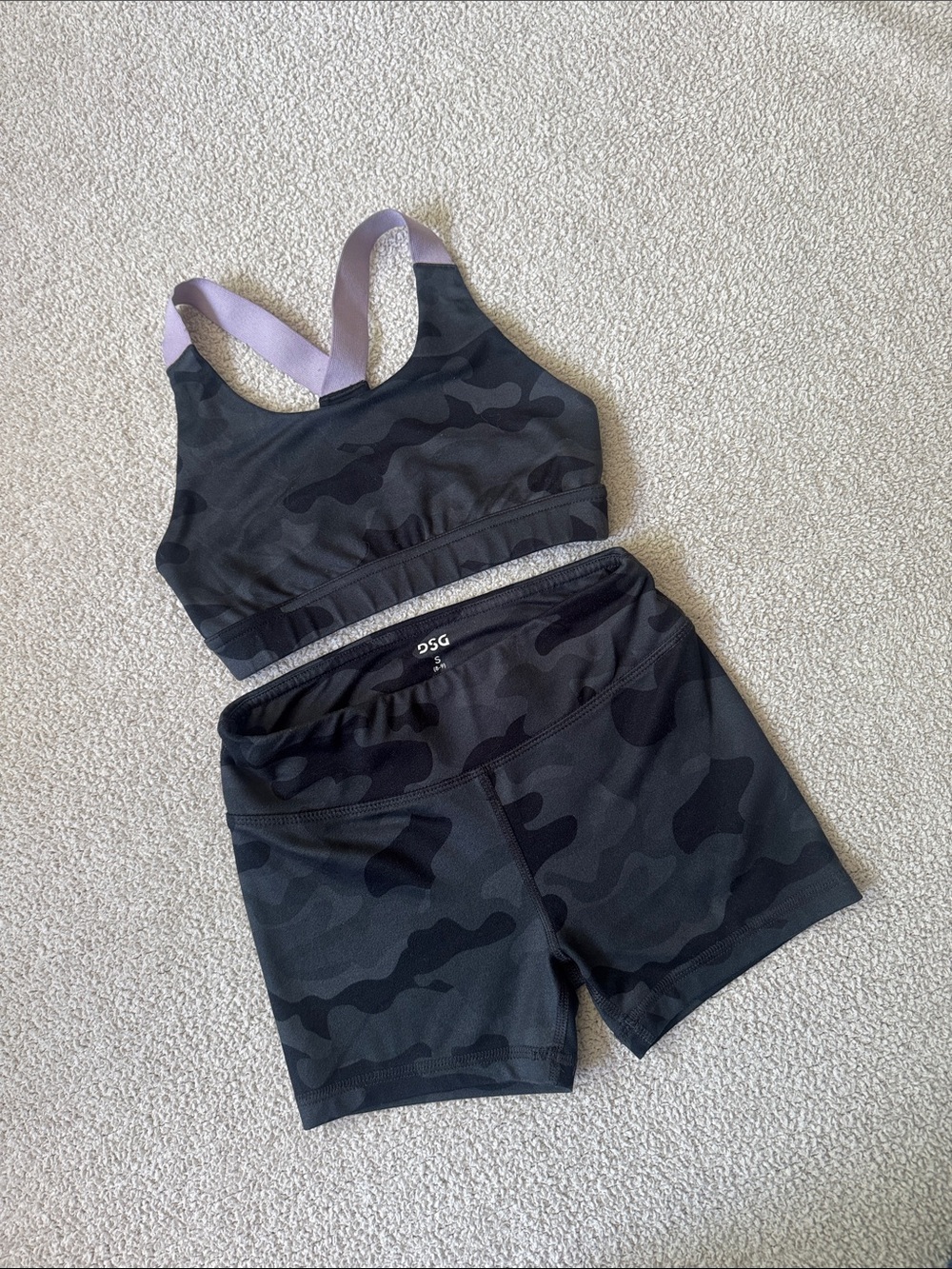 DSG Girls Black Camo Sports Bra and Shorts Set with Lilac Straps